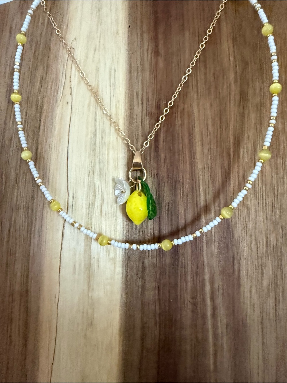 Yellow Lemon Charm Pendant Necklace with White Beaded Chain